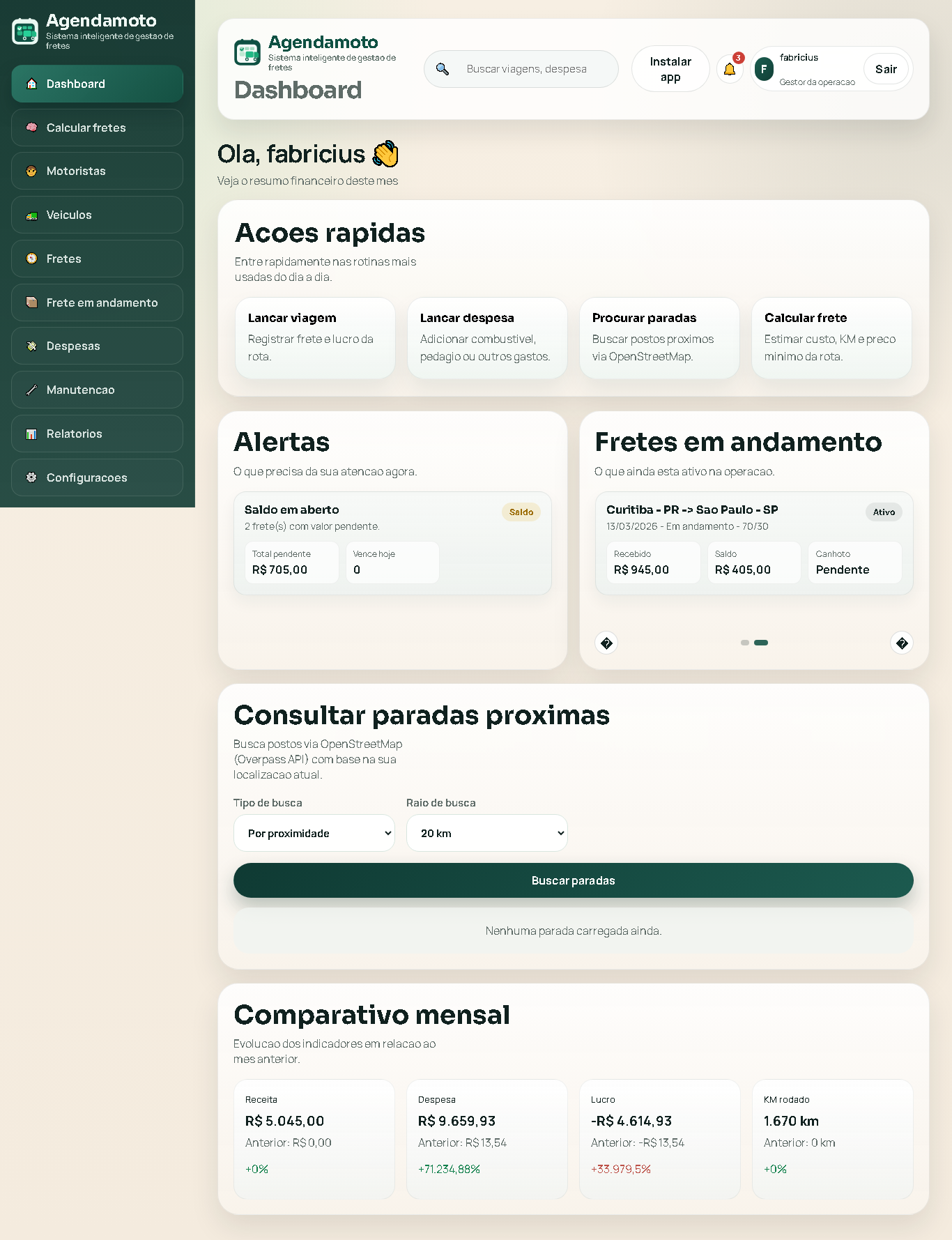 Preview do dashboard do Agendamoto