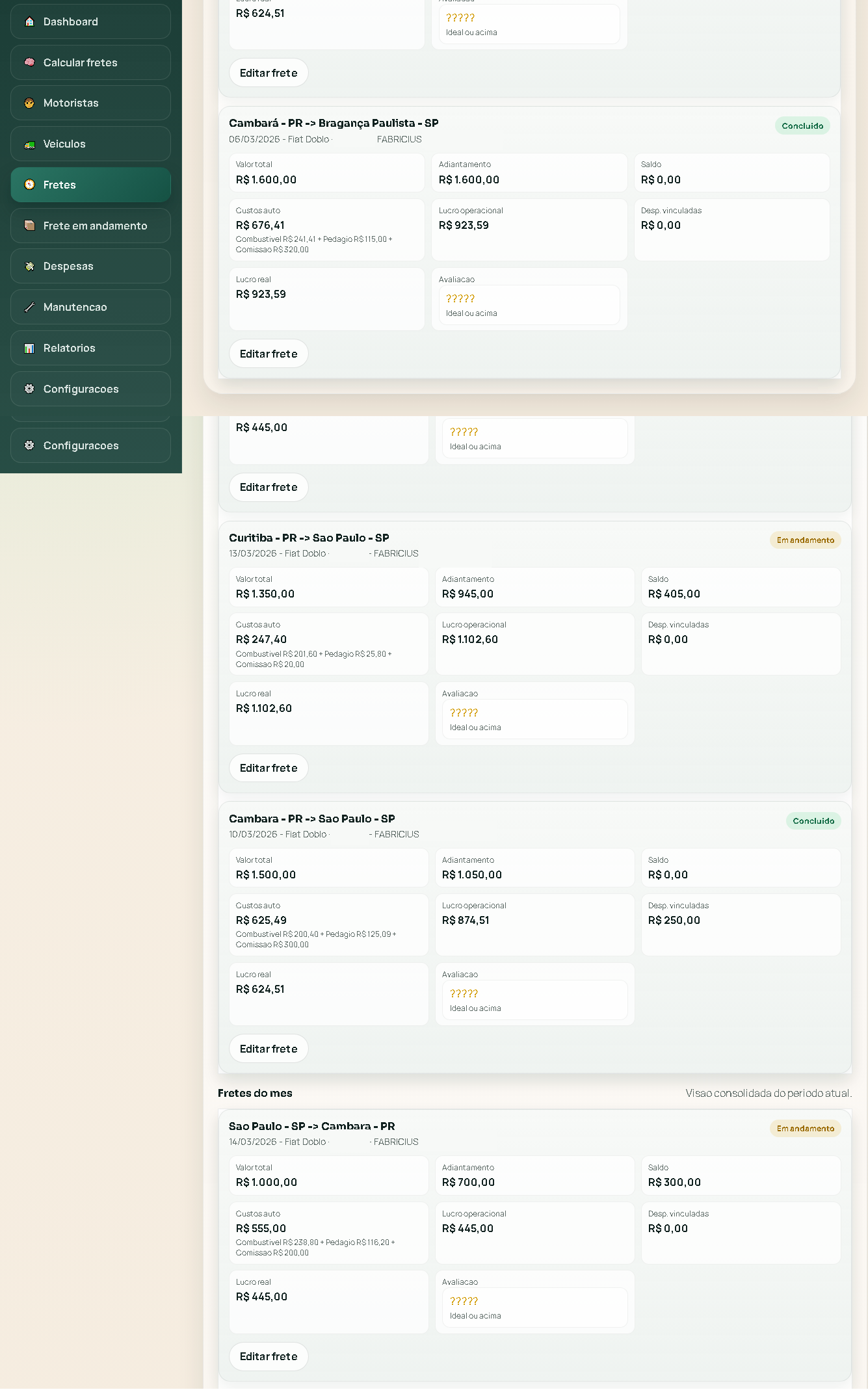 Preview do histórico de fretes